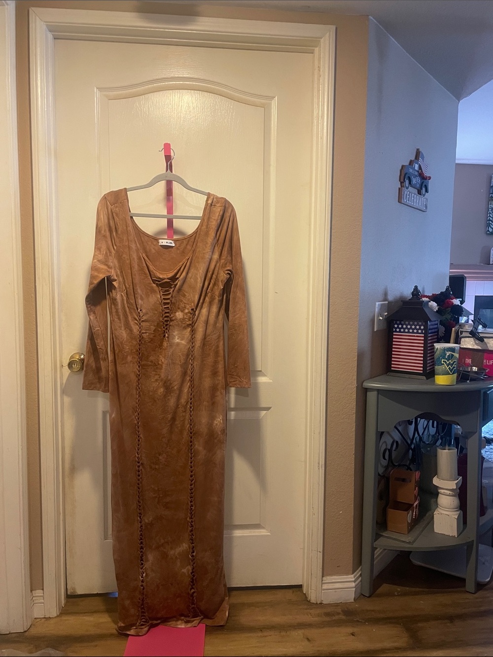 Brown Faux-Suede Long Sleeve Maxi Dress with Lace-Up Detail